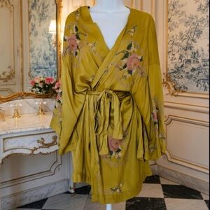 Intimately Free People Cross My Heart Embroidered Gold Green Kimono Robe NWT M